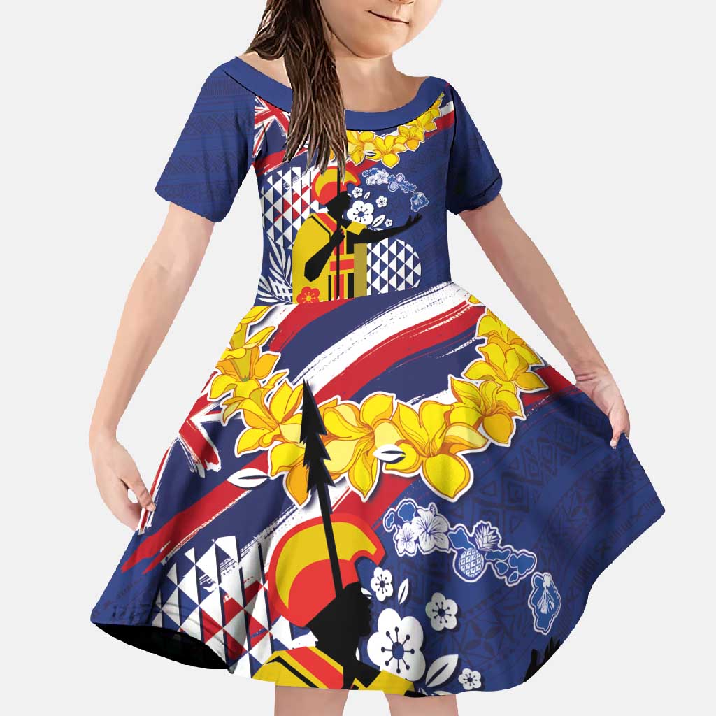 Hawaii King Kamehameha Day Family Matching Off Shoulder Maxi Dress and Hawaiian Shirt Lei Sea Waves Polynesian Tapa Pattern LT03 Daughter's Dress Blue - Polynesian Pride