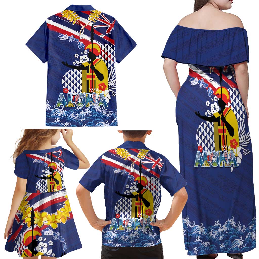 Hawaii King Kamehameha Day Family Matching Off Shoulder Maxi Dress and Hawaiian Shirt Lei Sea Waves Polynesian Tapa Pattern LT03 - Polynesian Pride