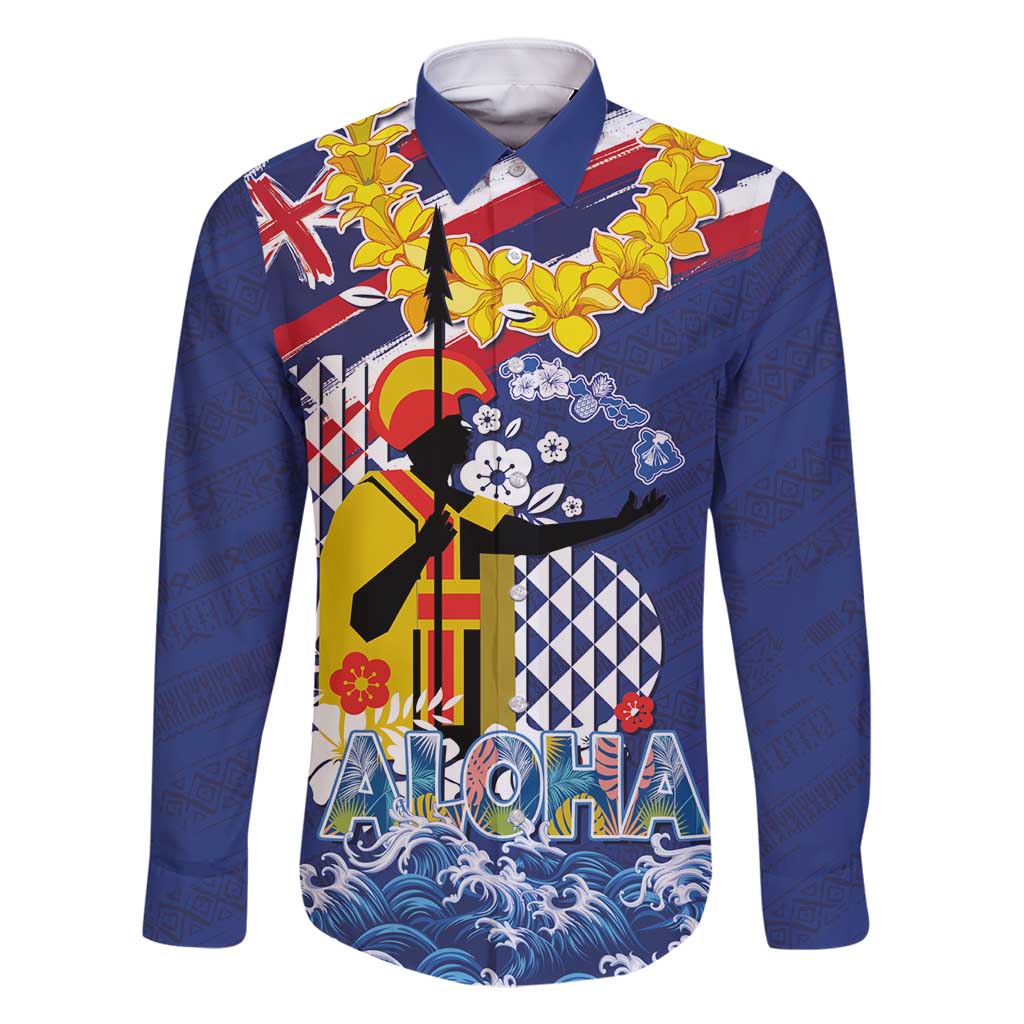Hawaii King Kamehameha Day Family Matching Off Shoulder Maxi Dress and Hawaiian Shirt Lei Sea Waves Polynesian Tapa Pattern LT03 Dad's Shirt - Long Sleeve Blue - Polynesian Pride