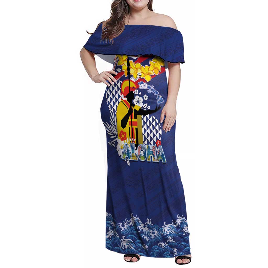 Hawaii King Kamehameha Day Family Matching Off Shoulder Maxi Dress and Hawaiian Shirt Lei Sea Waves Polynesian Tapa Pattern LT03 Mom's Dress Blue - Polynesian Pride