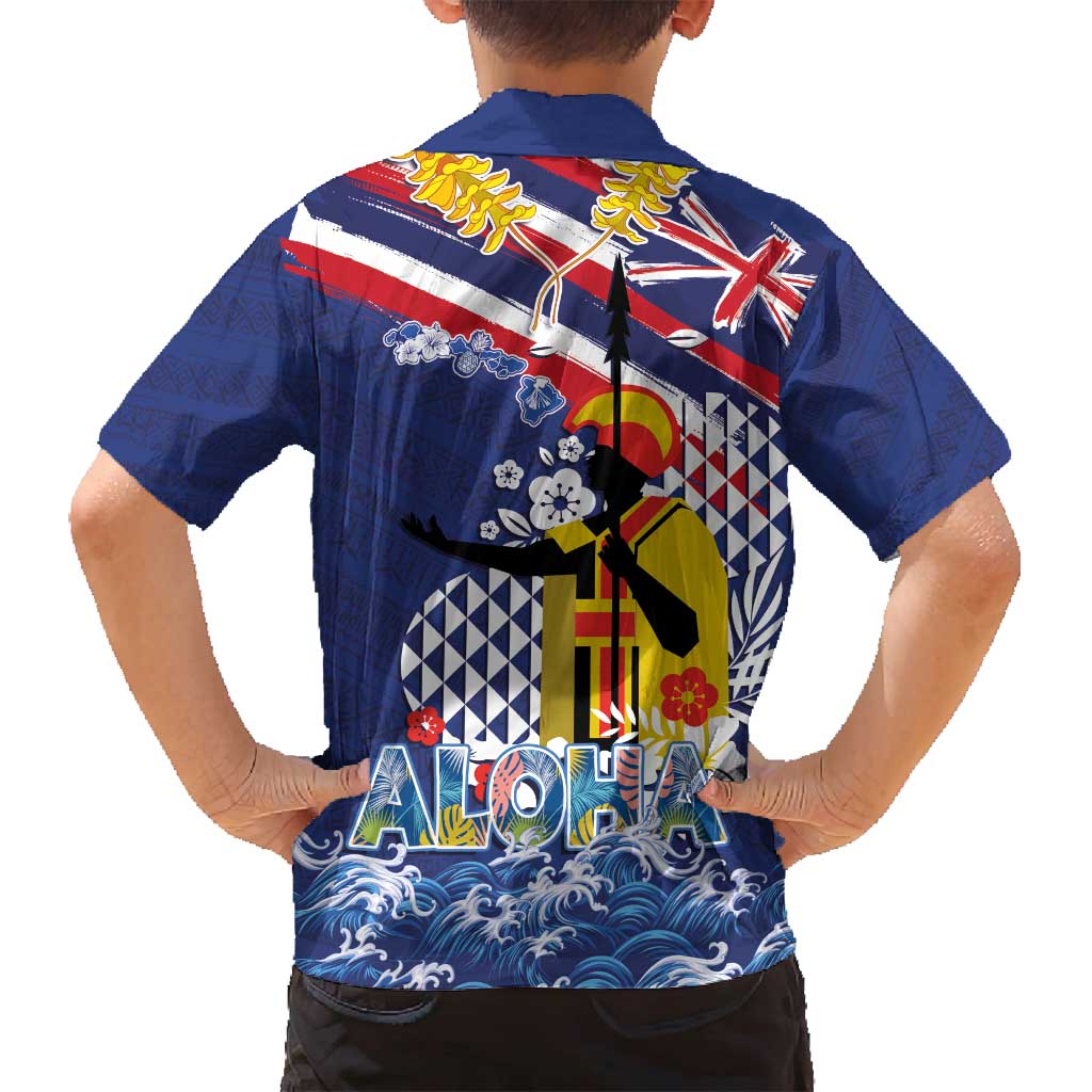 Hawaii King Kamehameha Day Family Matching Off Shoulder Short Dress and Hawaiian Shirt Lei Sea Waves Polynesian Tapa Pattern