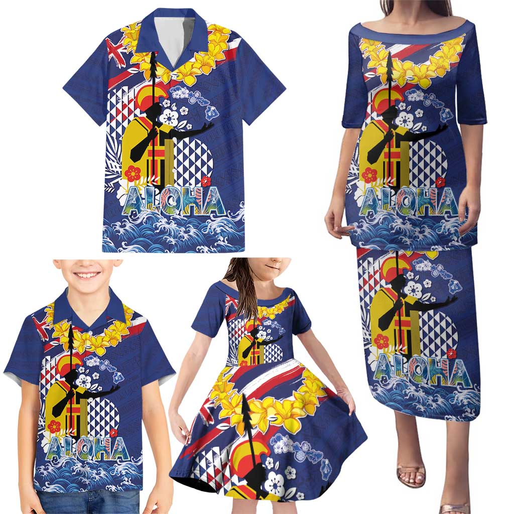 Hawaii King Kamehameha Day Family Matching Puletasi and Hawaiian Shirt Lei Sea Waves Polynesian Tapa Pattern