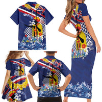 Hawaii King Kamehameha Day Family Matching Short Sleeve Bodycon Dress and Hawaiian Shirt Lei Sea Waves Polynesian Tapa Pattern
