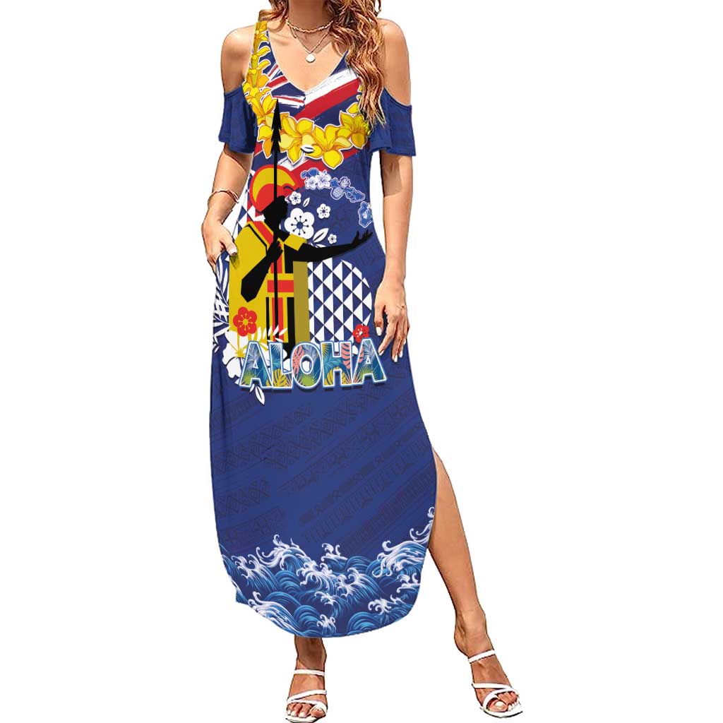 Hawaii King Kamehameha Day Family Matching Summer Maxi Dress and Hawaiian Shirt Lei Sea Waves Polynesian Tapa Pattern