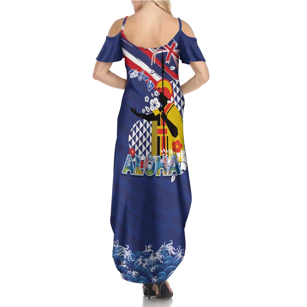 Hawaii King Kamehameha Day Family Matching Summer Maxi Dress and Hawaiian Shirt Lei Sea Waves Polynesian Tapa Pattern