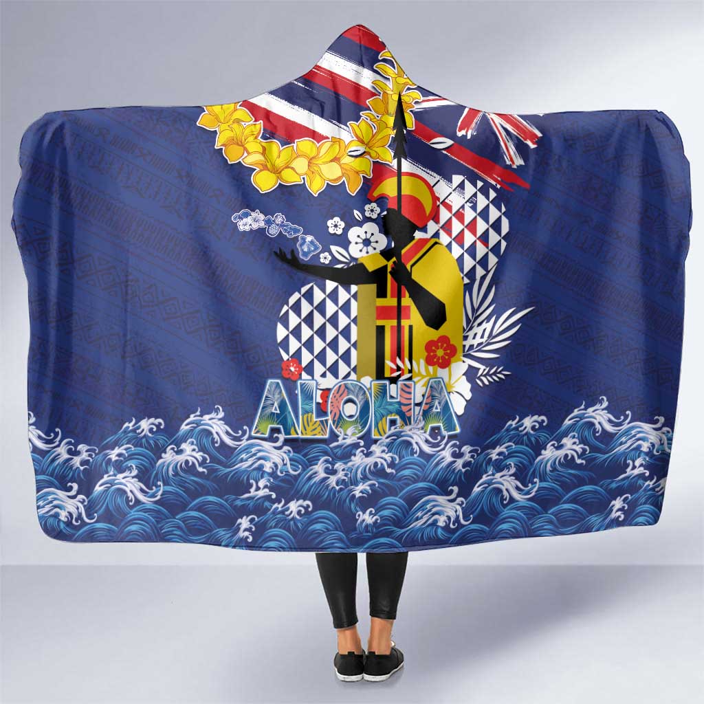 Hawaii King Kamehameha Day Hooded Blanket Lei Sea Waves Polynesian Tapa Pattern