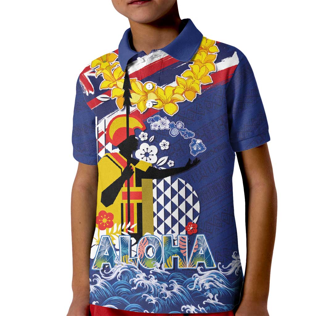 Hawaii King Kamehameha Day Kid Polo Shirt Lei Sea Waves Polynesian Tapa Pattern