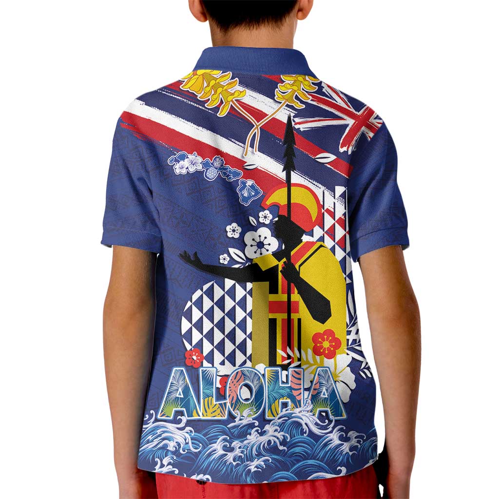 Hawaii King Kamehameha Day Kid Polo Shirt Lei Sea Waves Polynesian Tapa Pattern