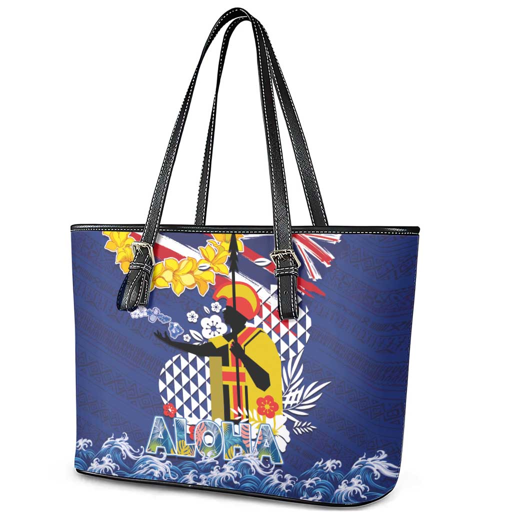 Hawaii King Kamehameha Day Leather Tote Bag Lei Sea Waves Polynesian Tapa Pattern