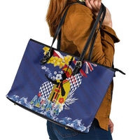 Hawaii King Kamehameha Day Leather Tote Bag Lei Sea Waves Polynesian Tapa Pattern