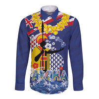 Hawaii King Kamehameha Day Long Sleeve Button Shirt Lei Sea Waves Polynesian Tapa Pattern