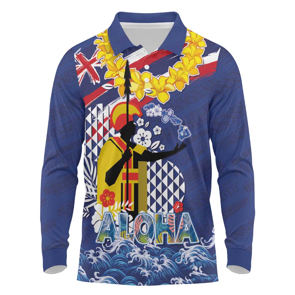 Hawaii King Kamehameha Day Long Sleeve Polo Shirt Lei Sea Waves Polynesian Tapa Pattern