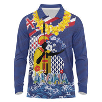 Hawaii King Kamehameha Day Long Sleeve Polo Shirt Lei Sea Waves Polynesian Tapa Pattern