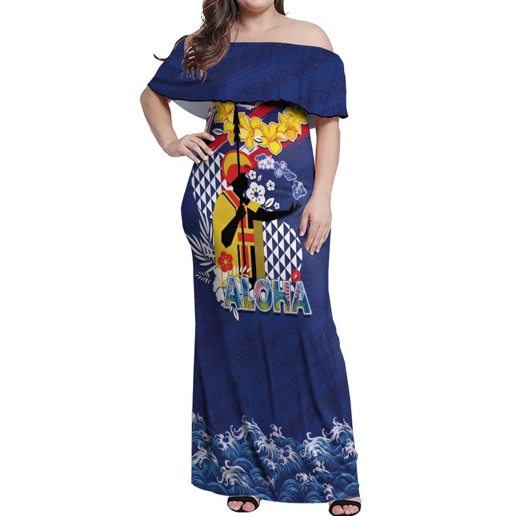 Hawaii King Kamehameha Day Off Shoulder Maxi Dress Lei Sea Waves Polynesian Tapa Pattern