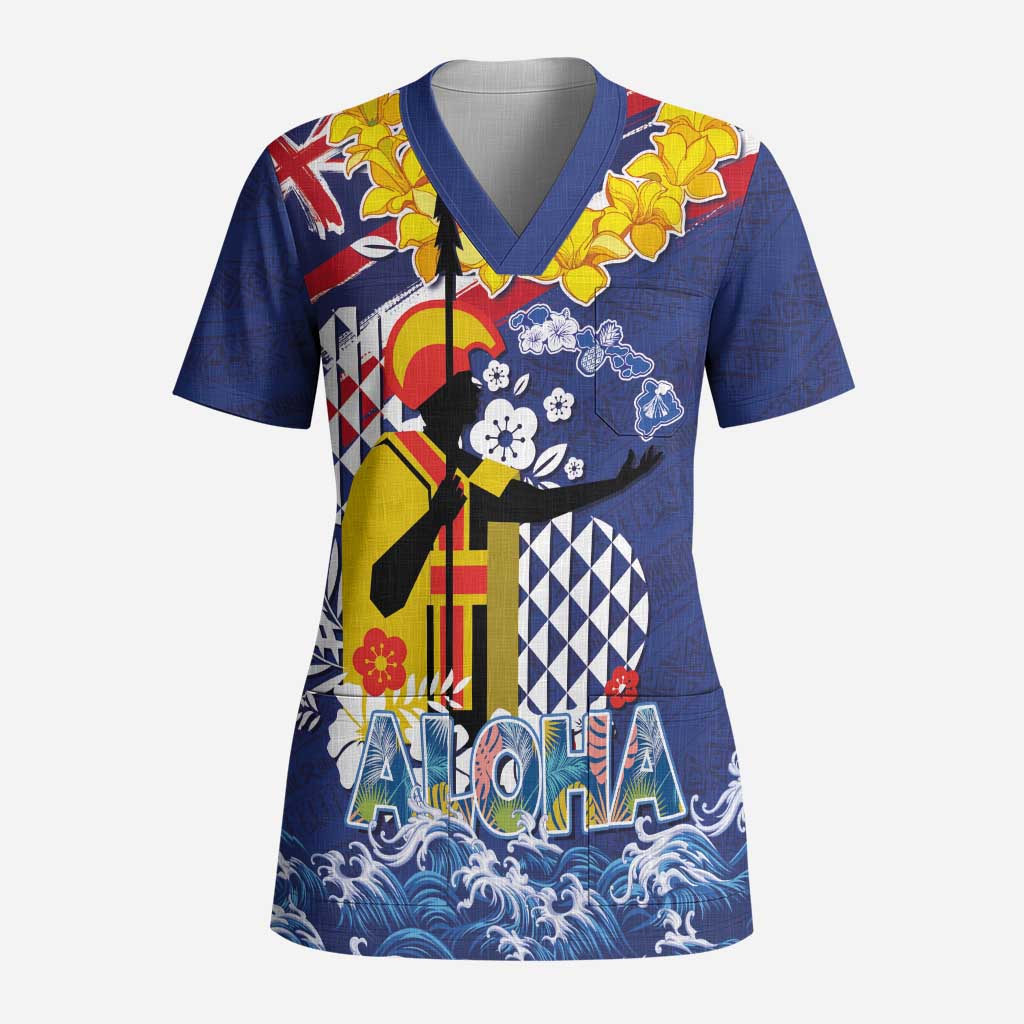 Hawaii King Kamehameha Day Scrub Top Lei Sea Waves Polynesian Tapa Pattern - Polynesian Pride