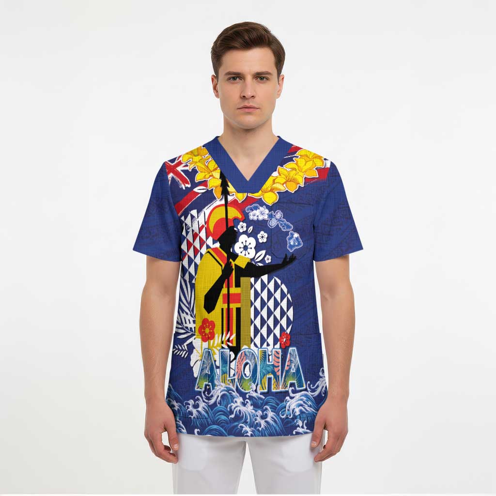 Hawaii King Kamehameha Day Scrub Top Lei Sea Waves Polynesian Tapa Pattern - Polynesian Pride