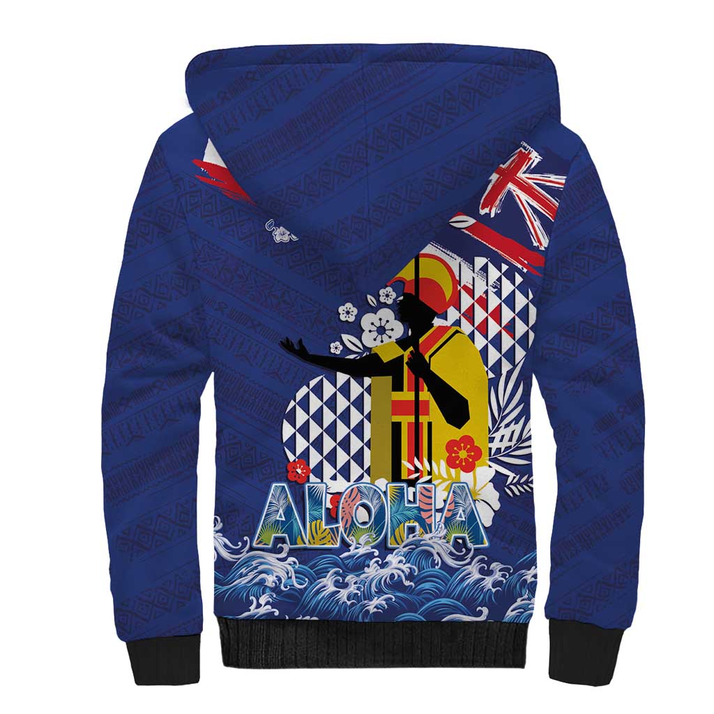 Hawaii King Kamehameha Day Sherpa Hoodie Lei Sea Waves Polynesian Tapa Pattern