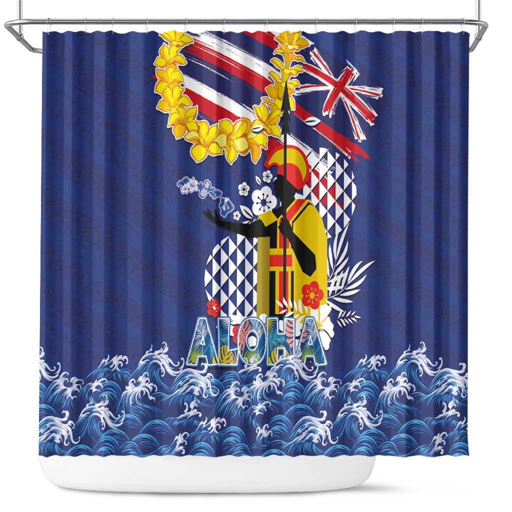 Hawaii King Kamehameha Day Shower Curtain Lei Sea Waves Polynesian Tapa Pattern