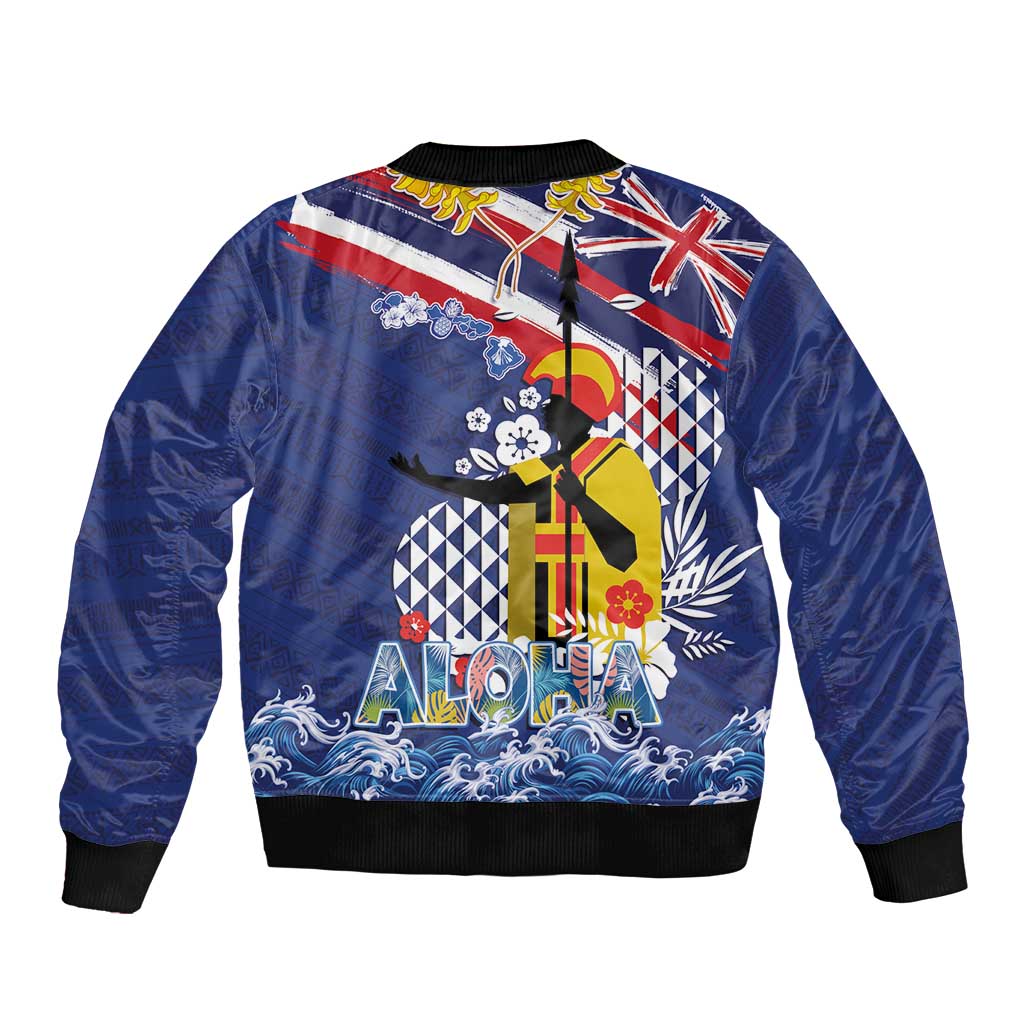 Hawaii King Kamehameha Day Sleeve Zip Bomber Jacket Lei Sea Waves Polynesian Tapa Pattern