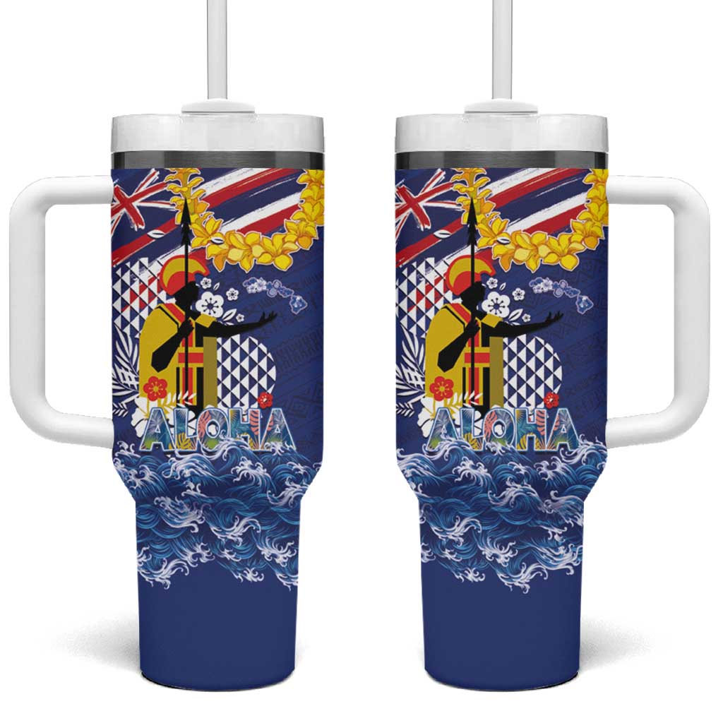 Hawaii King Kamehameha Day Tumbler With Handle Lei Sea Waves Polynesian Tapa Pattern
