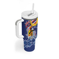 Hawaii King Kamehameha Day Tumbler With Handle Lei Sea Waves Polynesian Tapa Pattern
