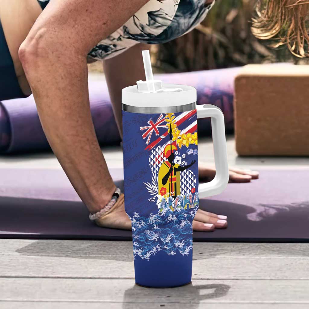 Hawaii King Kamehameha Day Tumbler With Handle Lei Sea Waves Polynesian Tapa Pattern