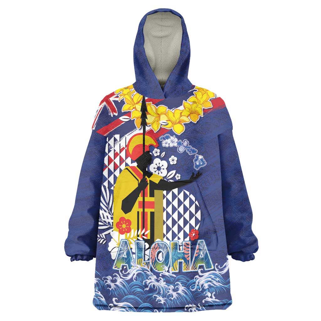 Hawaii King Kamehameha Day Wearable Blanket Hoodie Lei Sea Waves Polynesian Tapa Pattern