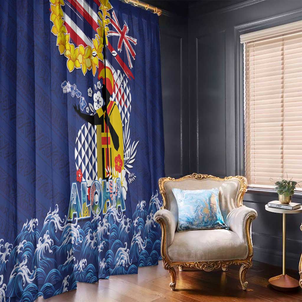 Hawaii King Kamehameha Day Window Curtain Lei Sea Waves Polynesian Tapa Pattern