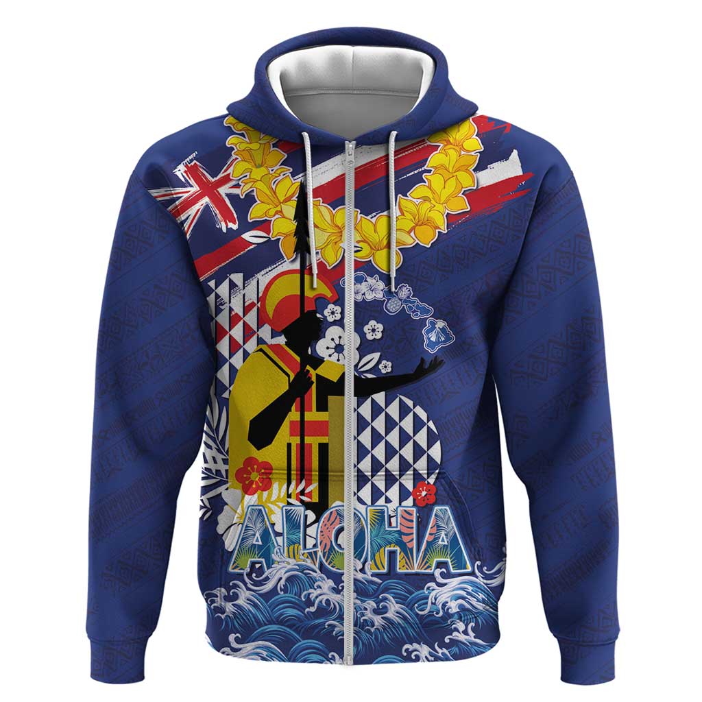 Hawaii King Kamehameha Day Zip Hoodie Lei Sea Waves Polynesian Tapa Pattern