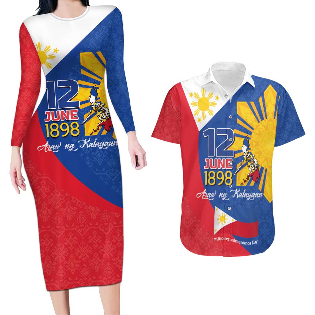 Philippines Independence Day Couples Matching Long Sleeve Bodycon Dress and Hawaiian Shirt Araw ng Kalayaan Polynesian Sun and YAKAN Pattern