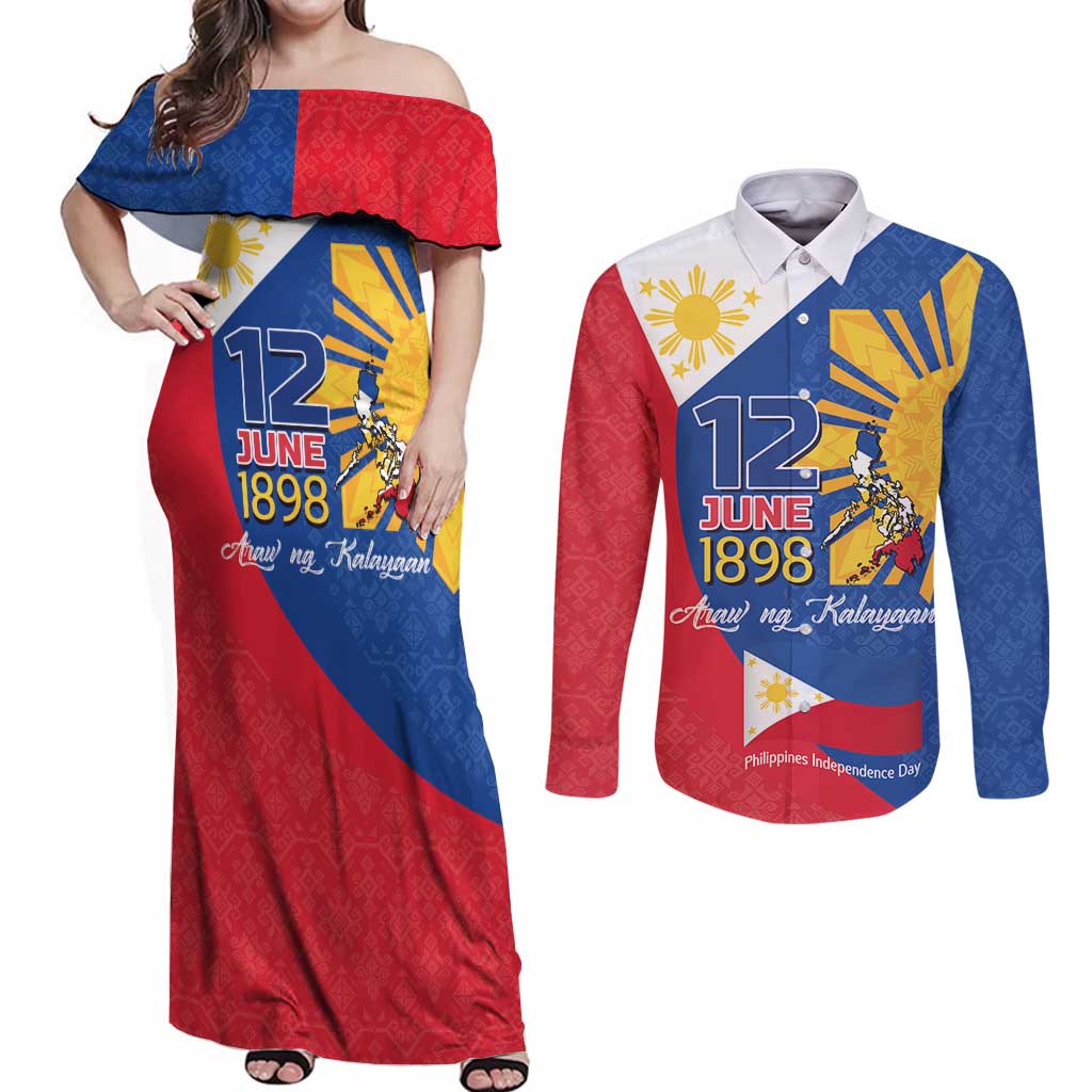 Philippines Independence Day Couples Matching Off Shoulder Maxi Dress and Long Sleeve Button Shirt Araw ng Kalayaan Polynesian Sun and YAKAN Pattern