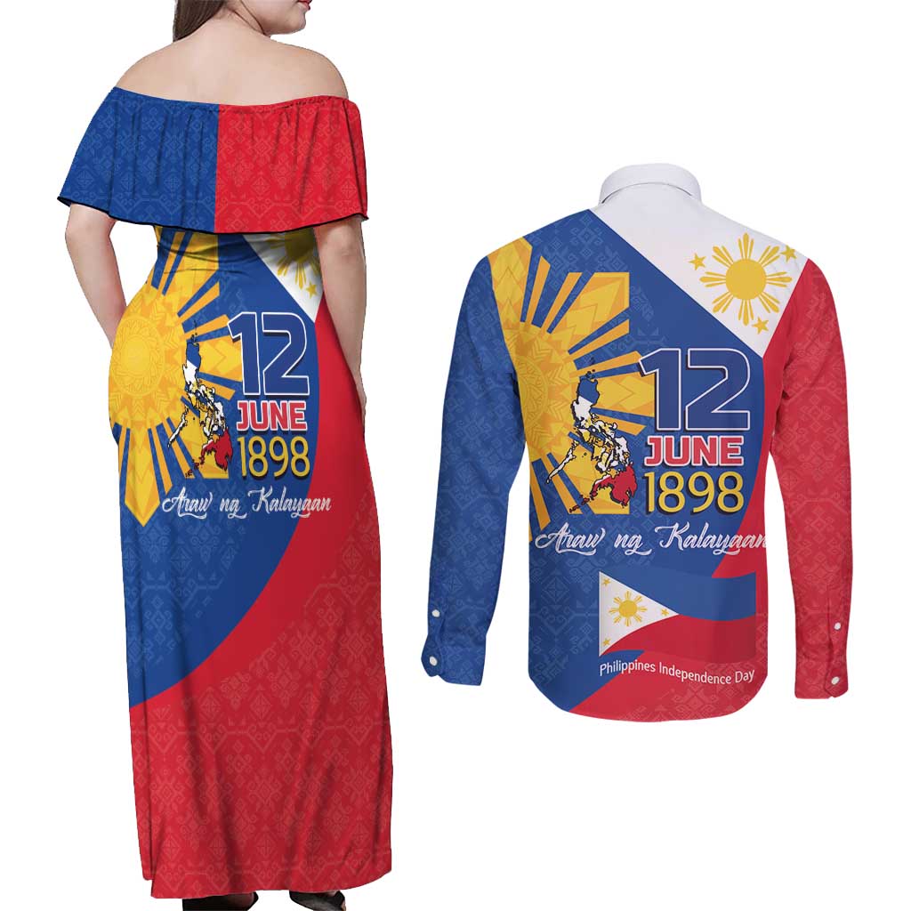 Philippines Independence Day Couples Matching Off Shoulder Maxi Dress and Long Sleeve Button Shirt Araw ng Kalayaan Polynesian Sun and YAKAN Pattern