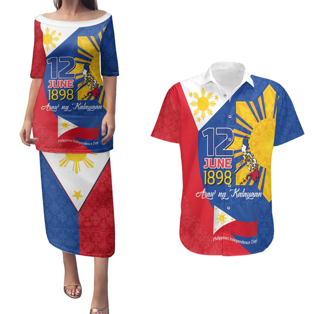 Philippines Independence Day Couples Matching Puletasi and Hawaiian Shirt Araw ng Kalayaan Polynesian Sun and YAKAN Pattern