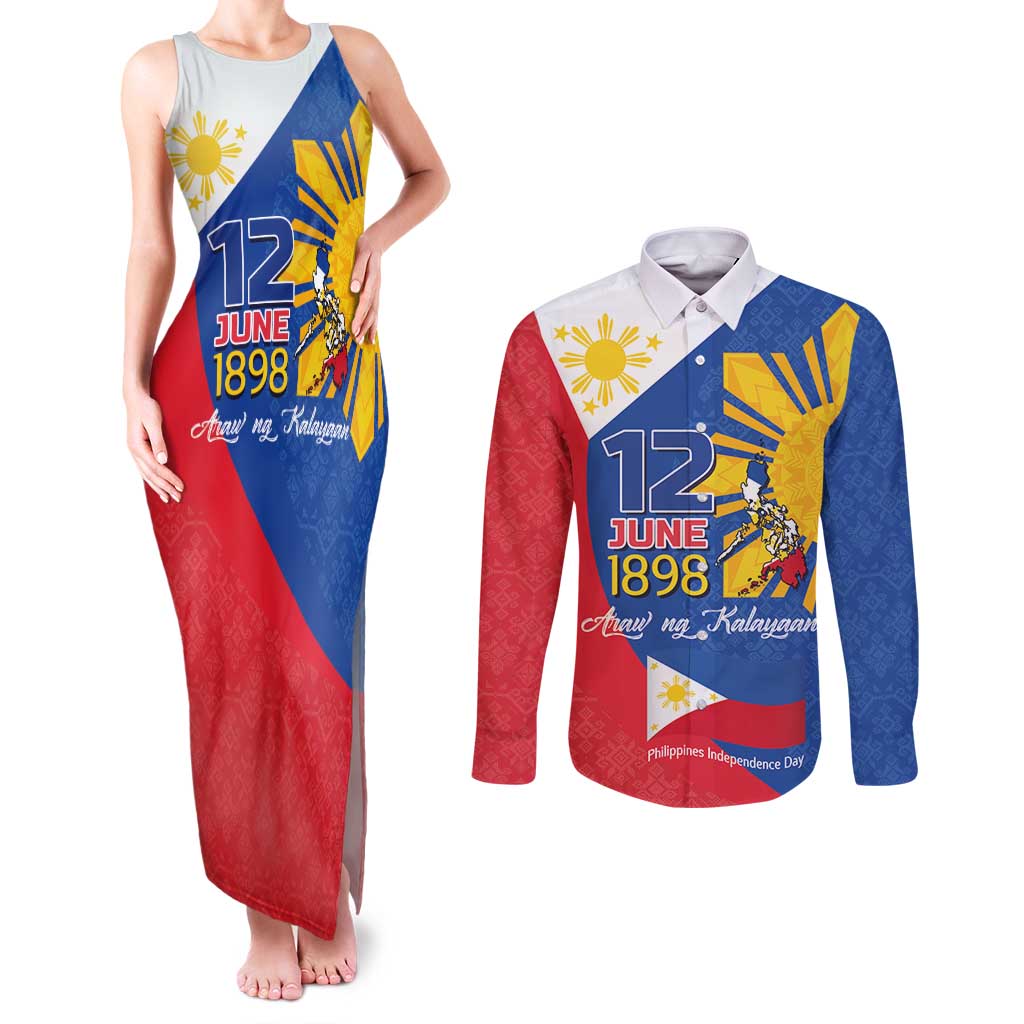 Philippines Independence Day Couples Matching Tank Maxi Dress and Long Sleeve Button Shirt Araw ng Kalayaan Polynesian Sun and YAKAN Pattern