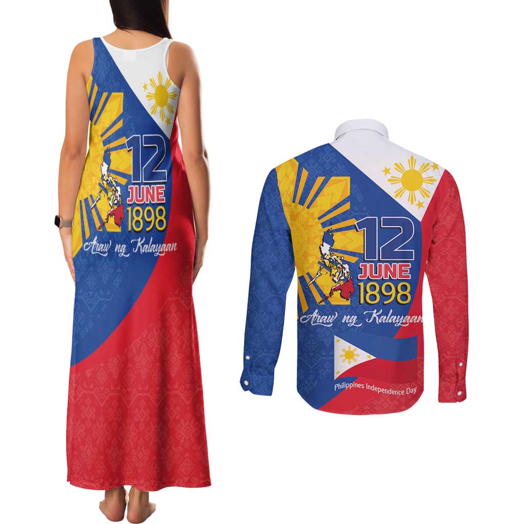 Philippines Independence Day Couples Matching Tank Maxi Dress and Long Sleeve Button Shirt Araw ng Kalayaan Polynesian Sun and YAKAN Pattern