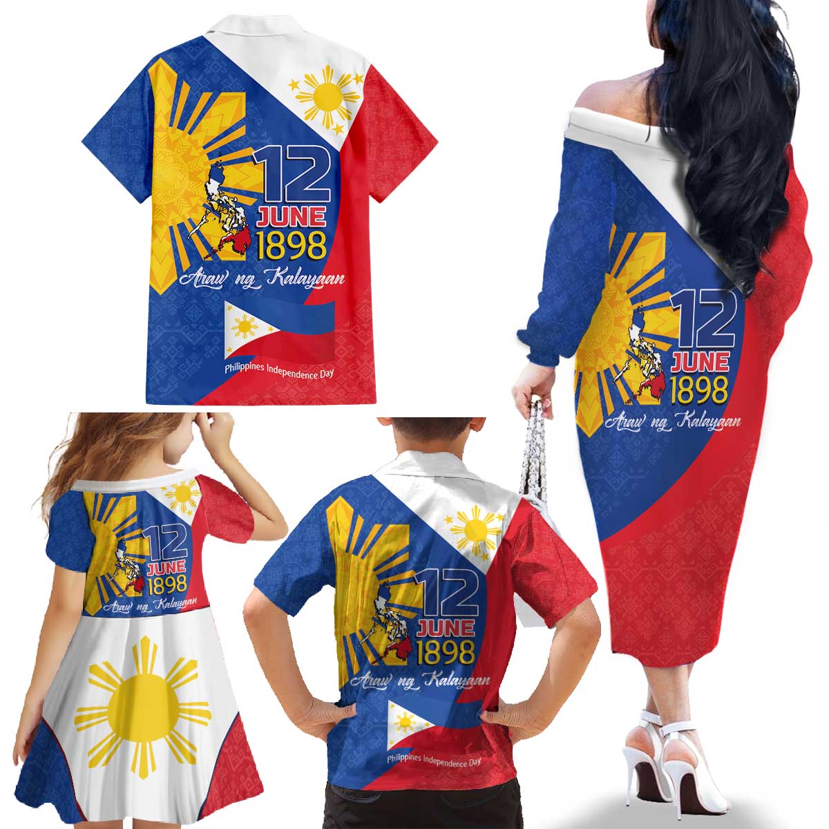 Philippines Independence Day Family Matching Off The Shoulder Long Sleeve Dress and Hawaiian Shirt Araw ng Kalayaan Polynesian Sun and YAKAN Pattern LT03 - Polynesian Pride