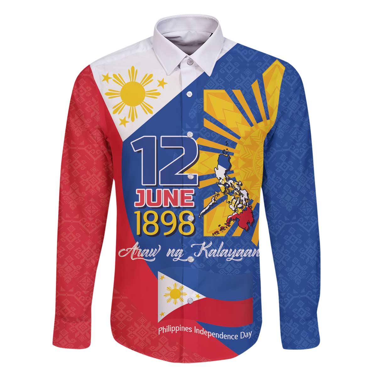 Philippines Independence Day Family Matching Off The Shoulder Long Sleeve Dress and Hawaiian Shirt Araw ng Kalayaan Polynesian Sun and YAKAN Pattern LT03 Dad's Shirt - Long Sleeve Blue - Polynesian Pride