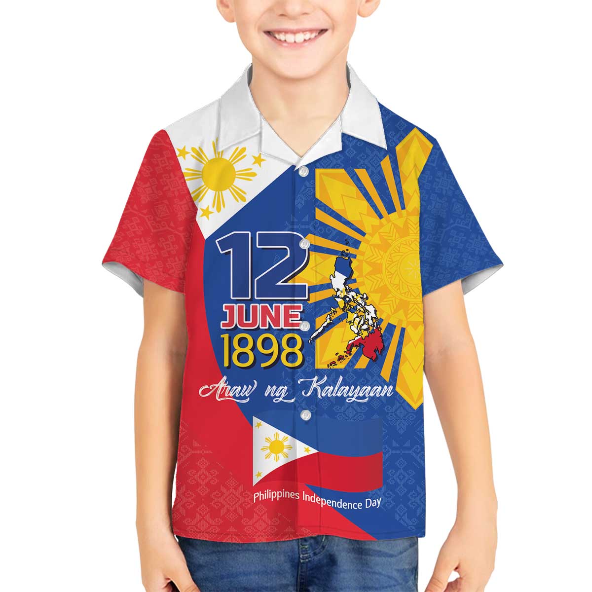 Philippines Independence Day Family Matching Off The Shoulder Long Sleeve Dress and Hawaiian Shirt Araw ng Kalayaan Polynesian Sun and YAKAN Pattern LT03 Son's Shirt Blue - Polynesian Pride