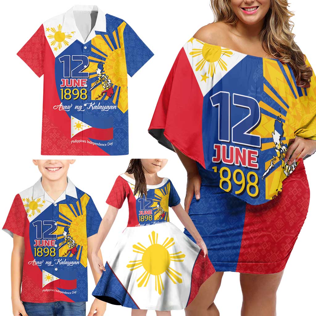 Philippines Independence Day Family Matching Off Shoulder Short Dress and Hawaiian Shirt Araw ng Kalayaan Polynesian Sun and YAKAN Pattern