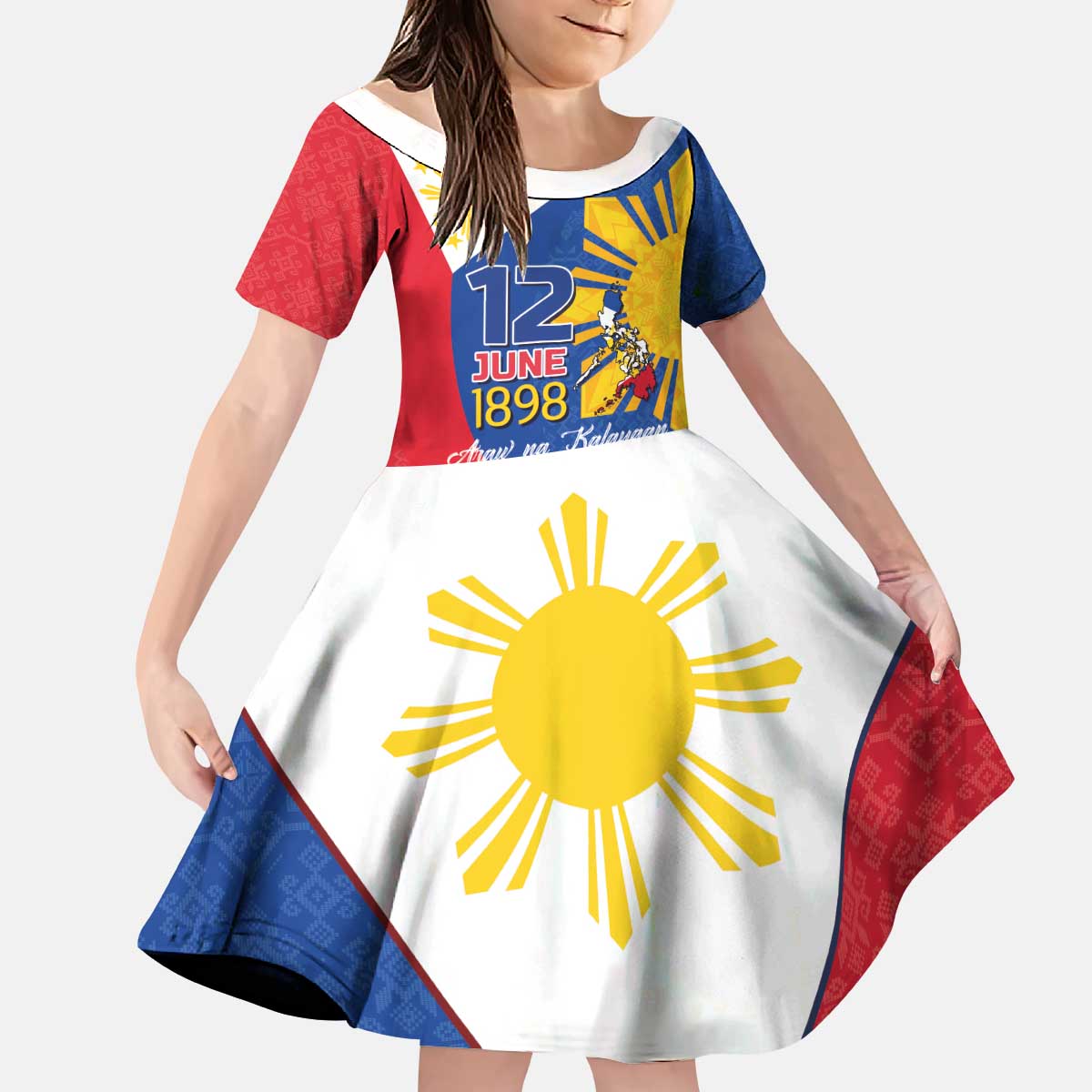Philippines Independence Day Kid Short Sleeve Dress Araw ng Kalayaan Polynesian Sun and YAKAN Pattern