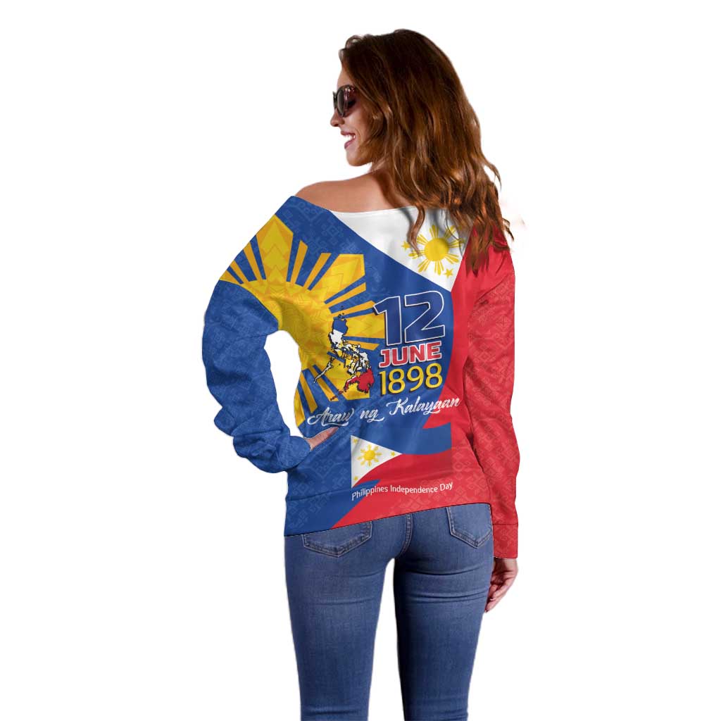 Philippines Independence Day Off Shoulder Sweater Araw ng Kalayaan Polynesian Sun and YAKAN Pattern