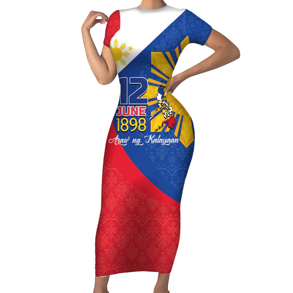 Philippines Independence Day Short Sleeve Bodycon Dress Araw ng Kalayaan Polynesian Sun and YAKAN Pattern