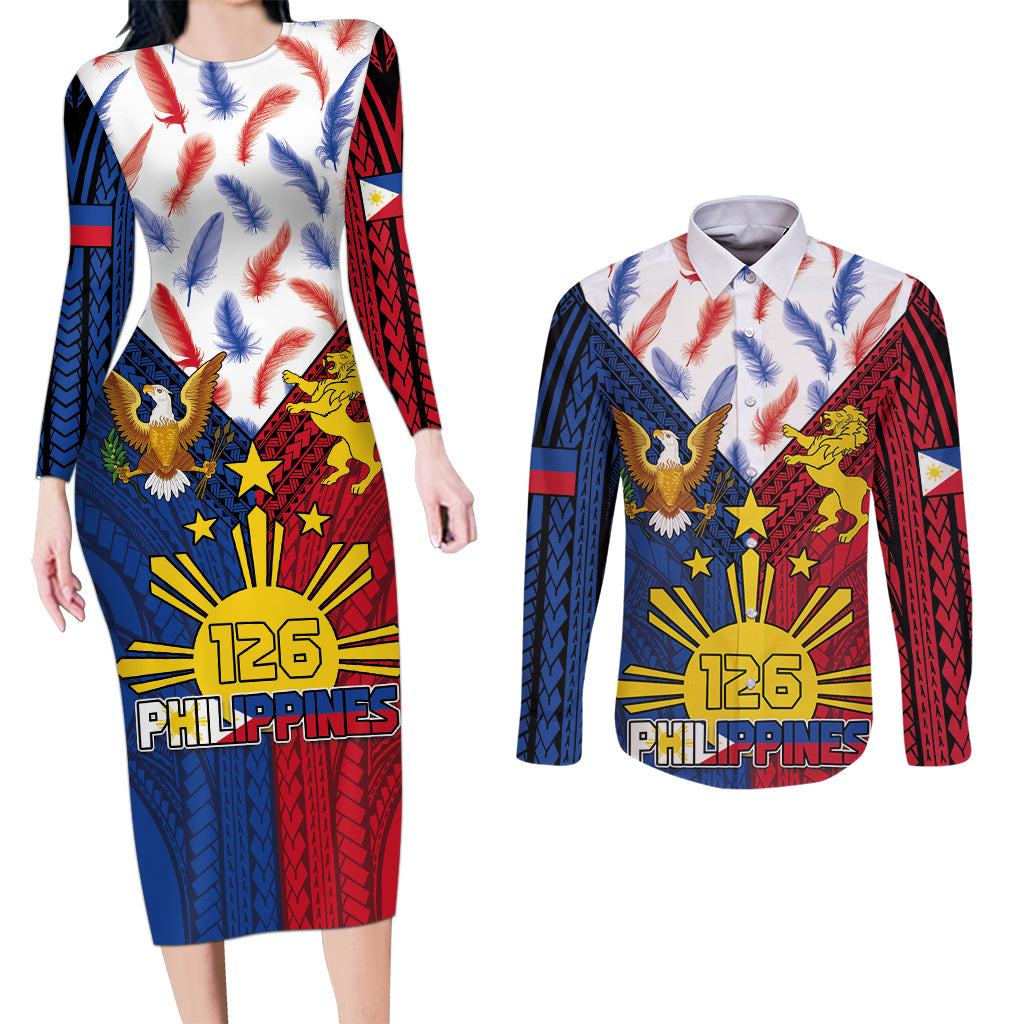 Philippines Independence Day 126th Anniversary Couples Matching Long Sleeve Bodycon Dress and Long Sleeve Button Shirt Polynesian Pattern National Flag Style