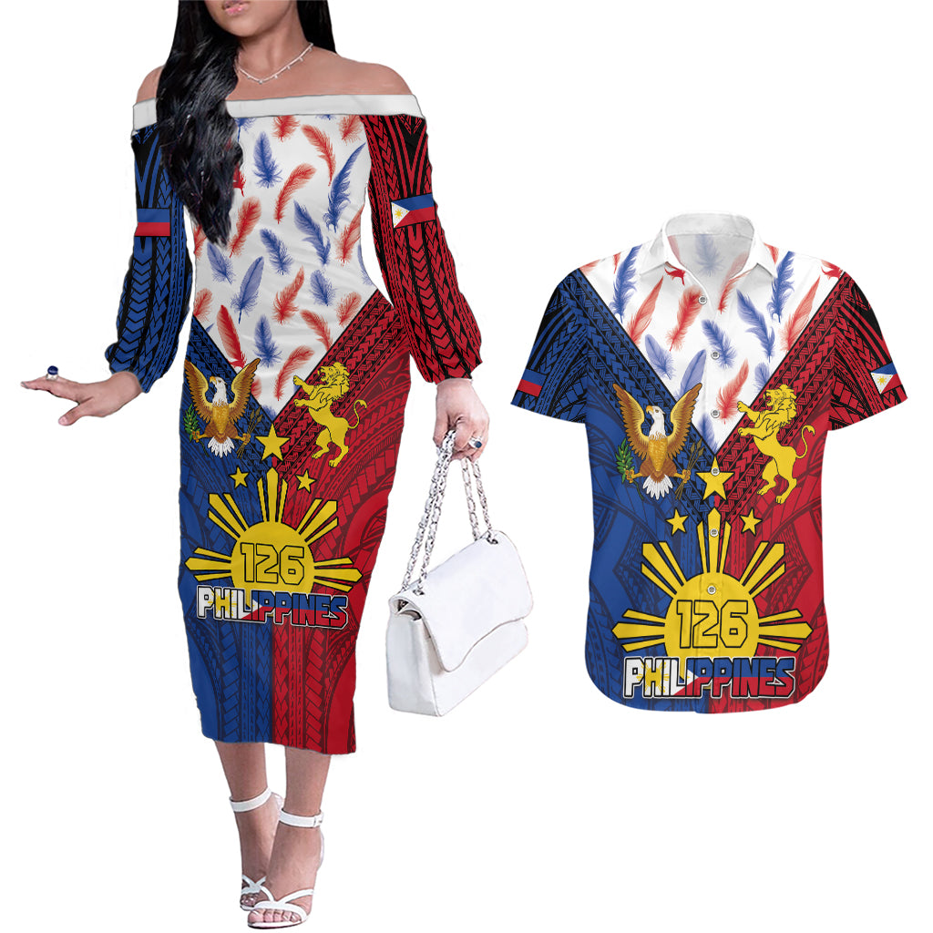 Philippines Independence Day 126th Anniversary Couples Matching Off The Shoulder Long Sleeve Dress and Hawaiian Shirt Polynesian Pattern National Flag Style