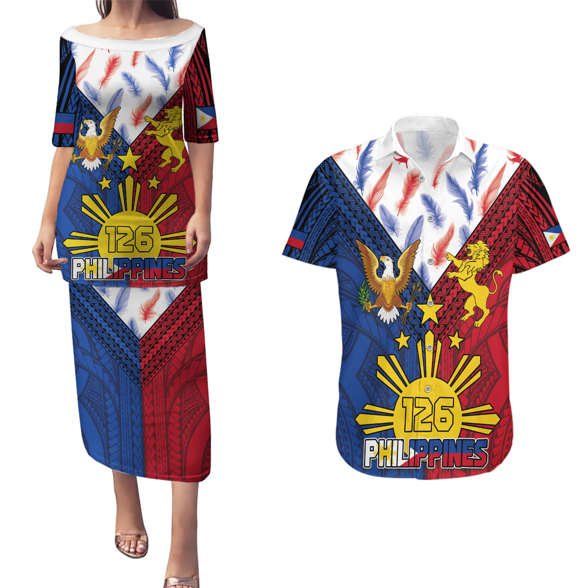 Philippines Independence Day 126th Anniversary Couples Matching Puletasi and Hawaiian Shirt Polynesian Pattern National Flag Style
