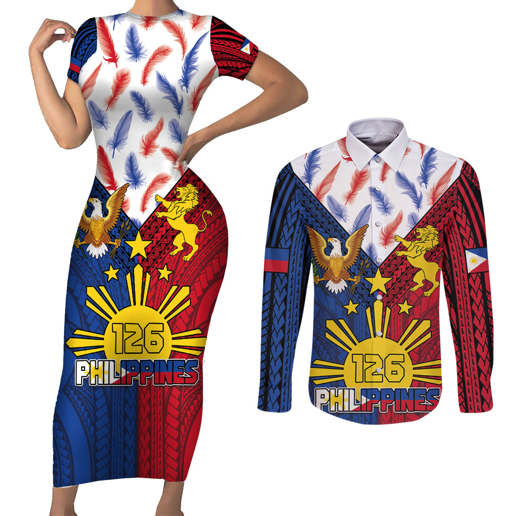 Philippines Independence Day 126th Anniversary Couples Matching Short Sleeve Bodycon Dress and Long Sleeve Button Shirt Polynesian Pattern National Flag Style
