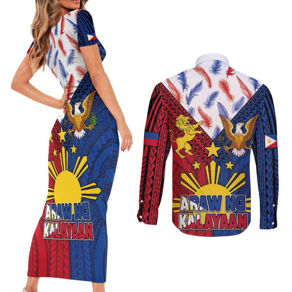 Philippines Independence Day 126th Anniversary Couples Matching Short Sleeve Bodycon Dress and Long Sleeve Button Shirt Polynesian Pattern National Flag Style