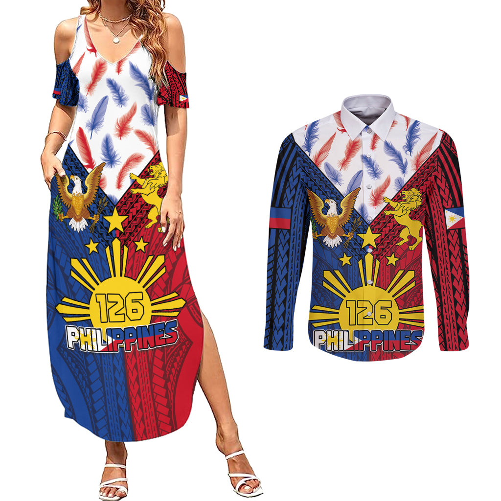 Philippines Independence Day 126th Anniversary Couples Matching Summer Maxi Dress and Long Sleeve Button Shirt Polynesian Pattern National Flag Style