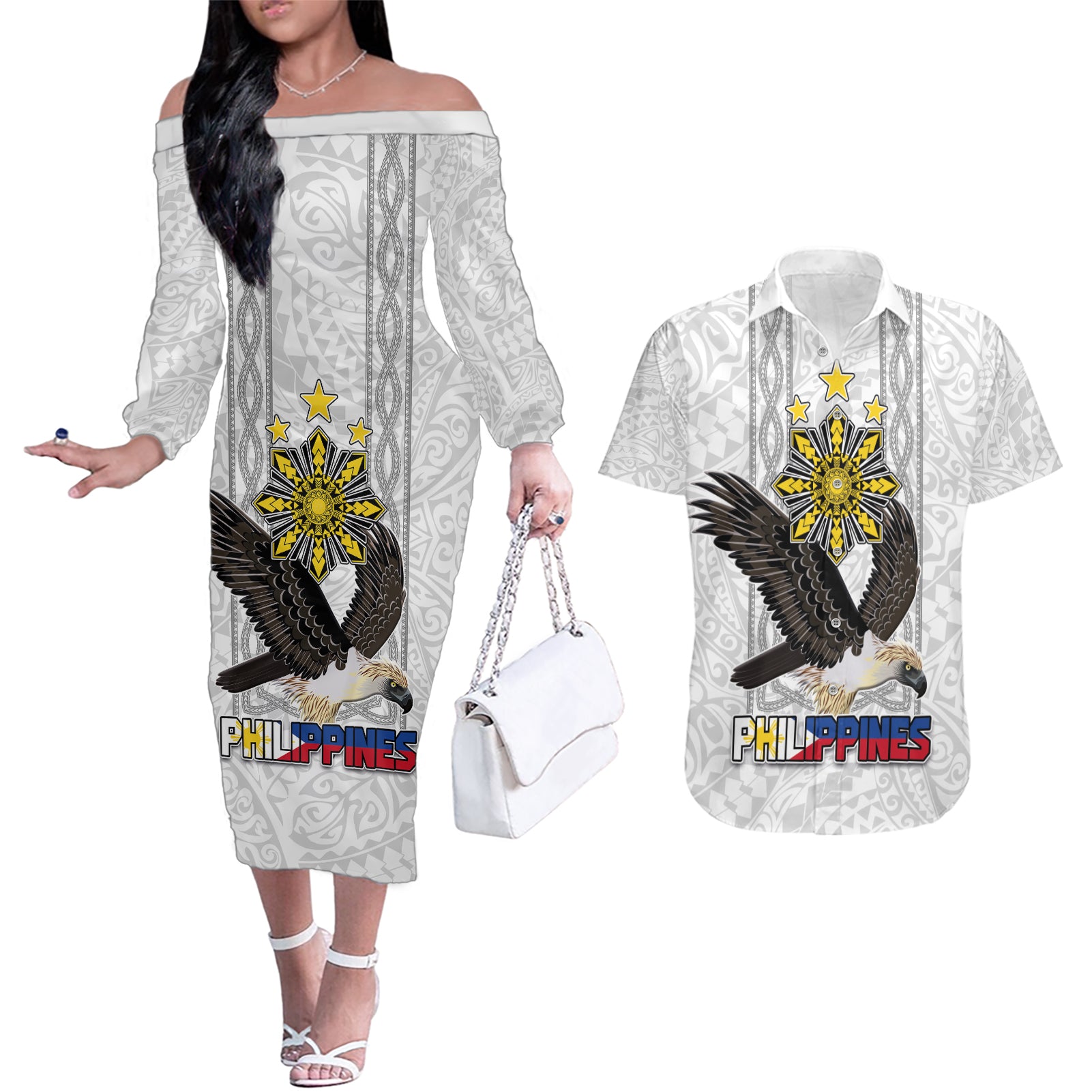Philippines Eagle Week Couples Matching Off The Shoulder Long Sleeve Dress and Hawaiian Shirt Polynesian Pattern Barong Style