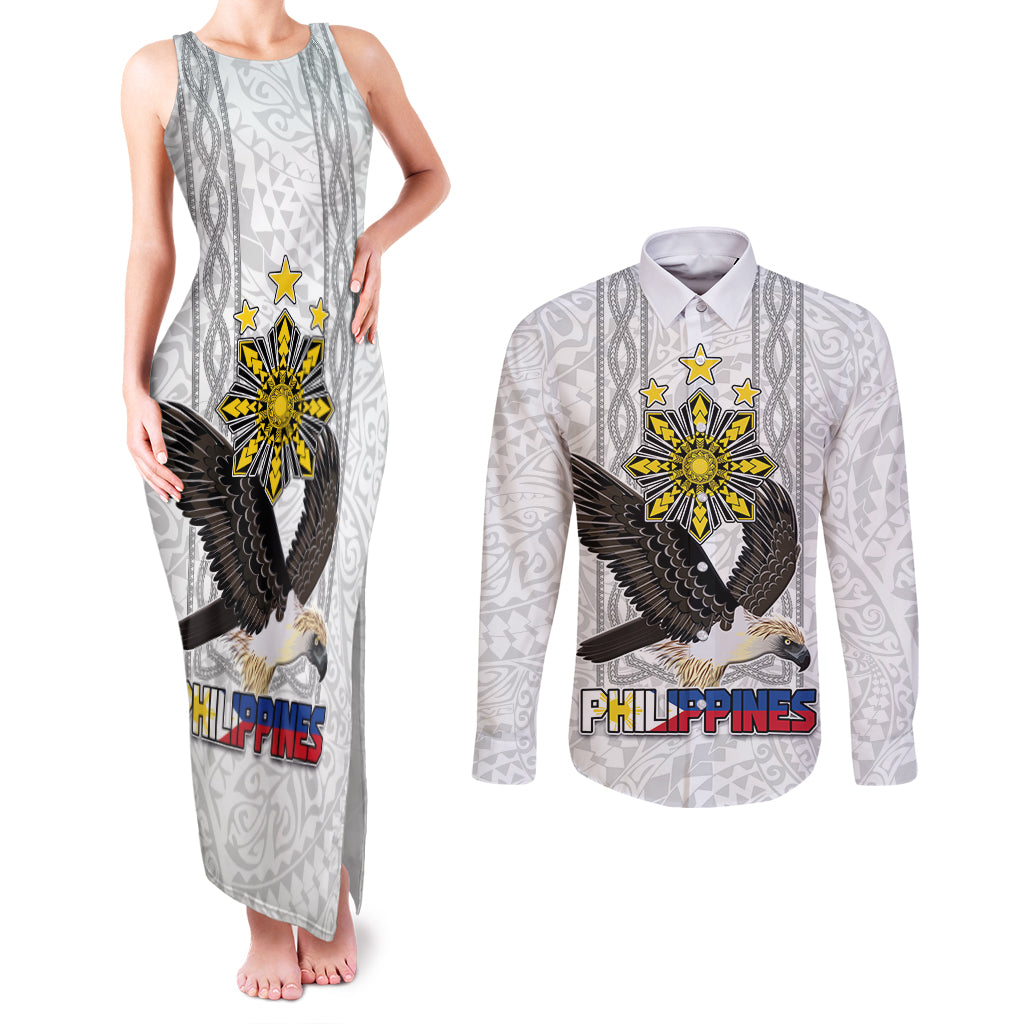 Philippines Eagle Week Couples Matching Tank Maxi Dress and Long Sleeve Button Shirt Polynesian Pattern Barong Style